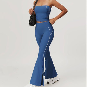 Women's Strapless Solid Blue Mid Waist Flared Leg Pants Yoga Set with <b>Crystal</b> Side Stripe Seamless Activewear Workout Outfit - Product Image 4