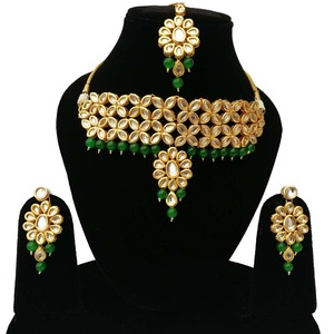 Luxury Brass Alloy Zircon Kundan Choker Necklace Stud Earrings Set Traditional Indian Bridal Engagement Wedding Party Shiny - Product Image 1