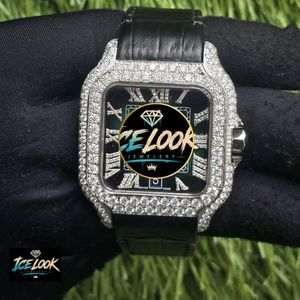 Ice Look <b>Mechanical</b> <b>Watch</b> Square Dial Crystal Bezel Leather Strap Roman Numeral Wristwatch for Men - Product Image 1