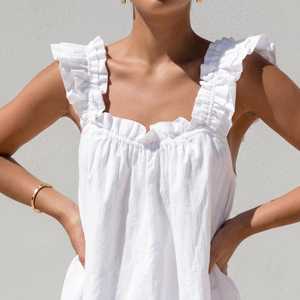 Women Ruffle Sleepwear Set Cotton <b>Linen</b> Tank <b>Top</b> and Shorts Lounge pajama Summer Homewear - Product Image 2