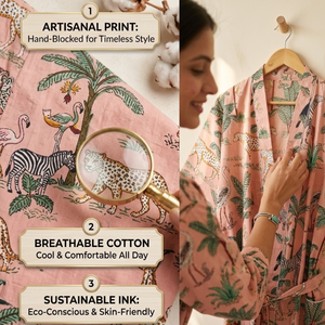 เสื้อคลุมกิโมโนผ้าฝ้ายพิมพ์ลายซาฟารีสำหรับผู้หญิง |   ชุดคลุมอาบน้ำพิมพ์ลายสัตว์ป่าสีชมพู |   ชุดนอนแขนยาวคอวี - Product Image 3