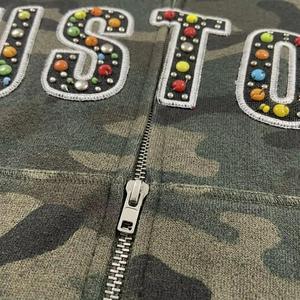 Sudadera con capucha de streetwear personalizada con pedrería para hombre, de felpa francesa, con estampado de diseñador, con cremallera, oversize, de peso pesado, con estampado de camuflaje. - Product Image 5