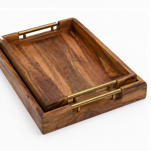 Luxury Acacia Mango Wood Handmade Eco-Friendly Modern Serving Tray Set with Metal Handles Rectangular Breakfast Tea Coffee Tray - Product Image 5