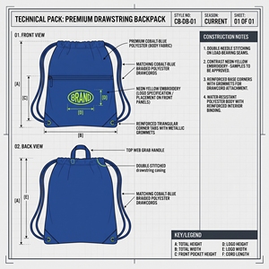Sac à cordon bleu cobalt avec poche avant zippée, logo brodé jaune fluorescent, impression personnalisée, support pour équipement d'entraînement de dojo, fabrication usine - Product Image 6