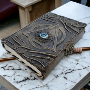 Three Eye Stone Embossed Leather Journal with <b>Lock</b>, Charcoal Grey Evil Eye Triangle Grimoire, Antique Gothic Spell Book - Product Image 5