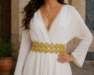 Ceinture ventrale en laiton doré gravé orné, plaqué or 14K 18K 24K, style arabe du Moyen-Orient, avec pièces de monnaie, bijoux de ceinture en gros. - Product Image 2