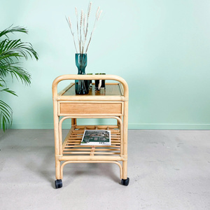 Carrito de servicio de dos niveles tejido con ratán natural, carrito de bebidas para hotel con cajones. - Product Image 6