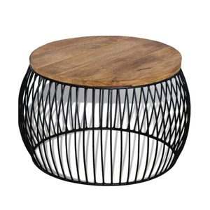 Mesa lateral de café para sala de estar, con tapa de madera redonda y acabado negro, se puede personalizar. - Product Image 1