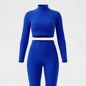 Ensemble 2 pièces pour femmes, haut court à col roulé à manches longues, leggings taille haute, bleu uni, tenue de yoga - Product Image 1