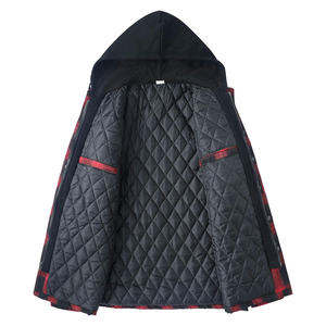 Chemise-veste en flanelle épaisse à carreaux pour homme avec doublure matelassée, rouge foncé multicolore, respirante, à capuche, fermeture éclair et boutons - Product Image 6
