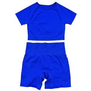 Girls Blue <b>Short</b> Sleeve <b>Crop</b> <b>Top</b> & <b>Shorts</b> Set Crew Neck Solid Color Breathable Casual Summer Outfit Lightweight Spandex Cotton - Product Image 2