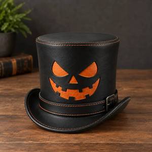 Premium Custom Genuine Leather Top Hat Spooky <b>Halloween</b> Pumpkin Jack-o'-Lantern Cosplay Costume Party <b>Accessory</b> Men OEM - Product Image 1