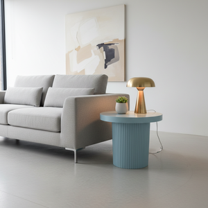 Table basse ronde moderne avec une jambe en forme de pilier, couleur brun clair, matériaux durables en bois de caoutchouc et en chêne, design luxueux - Product Image 3