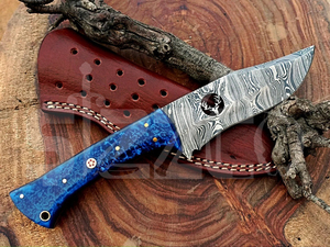 มีดล่าสัตว์เหล็กดามัสกัสแบบ OEM พร้อมด้ามเรซิ่น ใบมีดคงที่ สำหรับตั้งแคมป์ กิจกรรมกลางแจ้ง และพกพาประจำวัน พร้อมปลอกหนัง - Product Image 5