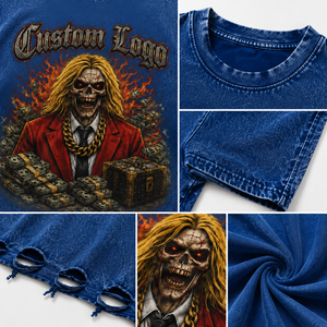 T-shirt Homme Bleu Oversize avec Motif Crâne et Argent, 100% Coton, Impression DTG, Style Streetwear Vieilli, Grammage Lourd, Gothique, Décontracté, Coupe Boxy - Product Image 4