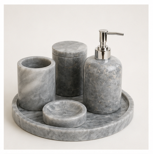Natural Grey Marble Bathroom Accessory Set 5-Piece Modern Minimalist Hotel Organizer with Soap Dispenser <b>Toothbrush</b> <b>Holder</b> - Product Image 1