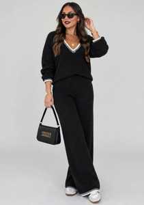 Ensemble de survêtement en tricot noir pour femmes, col en V, haut à manches longues, pantalon large, tenue décontractée - Product Image 1