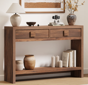 Mesa Consola Rústica de Madera con 2 Cajones y Estante de Almacenamiento Inferior, Mesa de Entrada Rectangular Marrón para Sala de Estar - Product Image 3