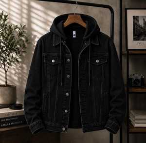 Veste à capuche en jean bleu clair pour homme, coupe droite, style décontracté, en coton délavé, avec poches, idéale pour l'automne - Product Image 3