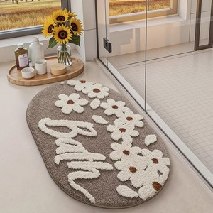 Tapis de bain ovale en chenille à motif floral, avec dos antidérapant en caoutchouc, design touffeté épais pour la salle de bain à domicile - Product Image 6