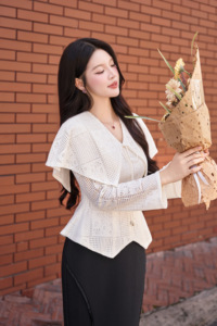 Blusa de Encaje Color Marfil para Mujer, Cuello en V, Manga Larga, Elegante, con Patrón Geométrico Bordado, Top de Primavera/Verano JULIAN - Product Image 5