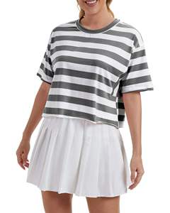 Camiseta Corta a Rayas para Mujer, Corte Holgado, Manga Corta, Informal, Verano, Algodón Suave, Estilo Urbano - Product Image 5