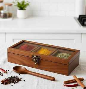 Premium Wooden Spice Storage <b>Box</b> with Three Compartments Transparent Cover and Secure Clasp for Kitchen Masala Organization <b>Box</b> - Product Image 1