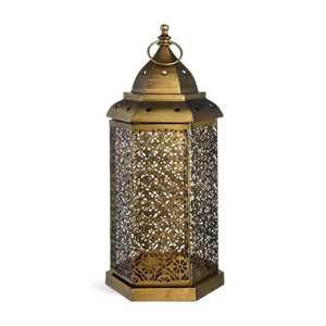 Hand Crafted Golden Lantern Hexagonal Shape Turquoise Blue Glass Panel Ornate Perforated Dome <b>Top</b> Hanging Ring Candle - Product Image 2