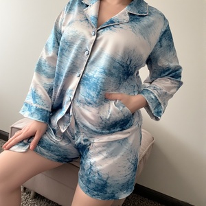 Conjunto de Pijama de Satén Color Verde Azulado para Mujer, Manga Corta, Cuello Camisero, Color Sólido, Elegante Ropa de Dormir para Verano - Product Image 5