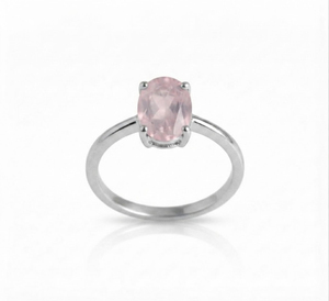 Rhaya Jewels 925 Sterling Silver Rhodium-Plated Unisex Oval Cut <b>Rose</b> <b>Quartz</b> Prong Set Solitaire Engagement Wedding <b>Ring</b> - Product Image 3