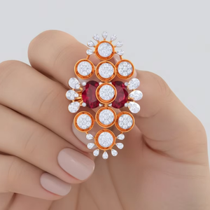 Anillo de Cóctel Grande con Racimo Floral de Diamantes y Rubíes en Oro de Lujo para Mujer, Regalo de Joyería para Boda - Product Image 6