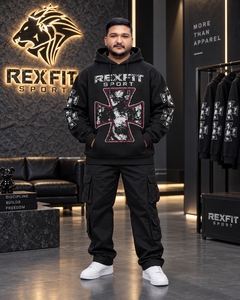 Men's <b>Black</b> Waffle Zipper Hoodie Cross Graphic Sleeve Print Regular Fit Streetwear Heavyweight 100% Cotton 370g <b>Sweatshirt</b> - Product Image 1