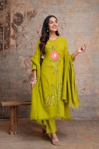 Women's Yellow Floral Embroidered Cotton <b>Kurti</b> & Pant with Dupatta Set Casual Traditional Wear Spring Summer Style - Product Image 4
