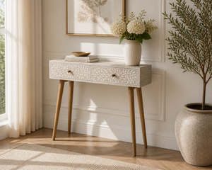 Table console moderne en os incrusté, avec deux tiroirs, table d'entrée, table de canapé, bureau d'appoint à structure en bois pour salon et hôtel - Product Image 2