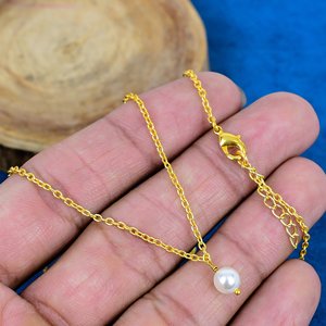 Collier en chaîne avec perle douce de 6 mm, forme ronde, pierre précieuse, or 18 carats micro-plaqué sur argent sterling 925 - Product Image 2
