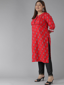 Kurti Recto de Algodón Rojo con Estampado Floral para Mujer, Talla Grande, Cuello en V y Mangas Tres Cuartos, Venta al Por Mayor - Product Image 3