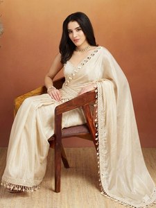 Elegante Saree de Seda Crema para Mujer, Largo hasta el Suelo, para Bodas, Vestido Tradicional Étnico de India y Pakistán, Corte Regular, para Todas las Temporadas - Product Image 1