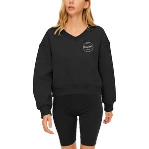 เสื้อสเวตเชิ้ตผ้าฟลีซคอวีทรงหลวมแขนยาวน้ำหนักเบาแบบมีฮู้ด สกรีนโลโก้ด้านหน้า ผลิตตามแบบ OEM สำหรับผู้หญิง ผ้าฝ้าย 100% - Product Image 4