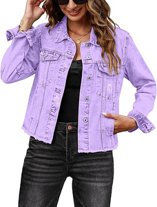 Veste en jean violette pour femme, boutonnée, effet vieilli, en coton, coupe décontractée, printemps automne hiver, style vintage, respirante - Product Image 6