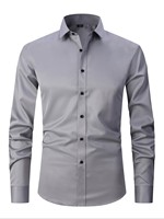 Chemise habillée grise extensible pour homme, manches longues, col rabattu, couleur unie, anti-plis, boutonnée