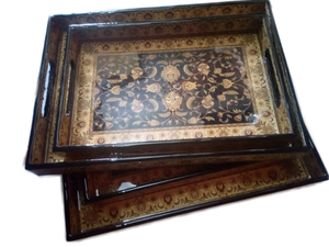 Oriental Lacquered Wood <b>Storage</b> <b>Tray</b> Rectangle Floral Design Stackable Tableware Single Compartment Decorative <b>Trays</b> - Product Image 1