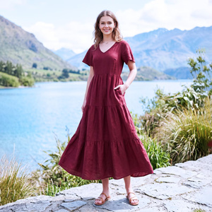 Elegante Vestido Midi de Lino Orgánico con Cuello en V, Corte Holgado, Estilo Vintage, con Lazo y Bolsillos, Talla Grande - Product Image 1