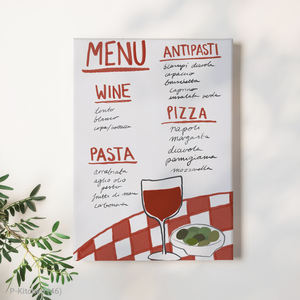 Decoración de pared de cocina de estilo moderno, póster minimalista con menú italiano, vino, aceitunas y patrón de guinga roja, arte en lienzo con marco de madera - Product Image 1