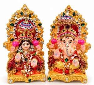Ensemble de 2 statues religieuses Ganesha et Lakshmi en polyrésine, fabriquées à la main, décoration traditionnelle pour la maison, cadeau de Diwali - Product Image 2