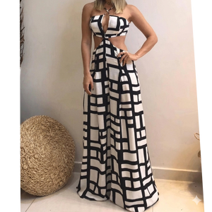Vestido largo con estampado geométrico en blanco y negro para mujer, con espalda descubierta y detalle de lazo - Product Image 5