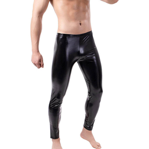 Leggings pour homme en PU noir, taille haute, élastique, style décontracté, spandex, nylon, pantalon léger en tricot - Product Image 4