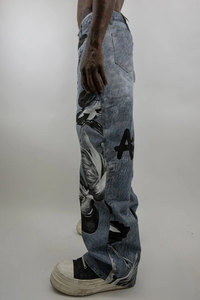 Jean droit taille haute pour homme avec imprimé numérique motif oiseau, en coton délavé, style streetwear, pantalon unisexe - Product Image 5