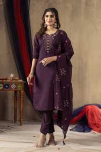Purple Cotton <b>Kurta</b> Set With Floral Embroidery <b>For</b> <b>Women</b> Traditional Indian Pakistani Casual Wear Ankle-Length Regular Fit - Product Image 1