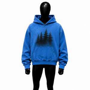 Sudadera con Capucha Azul Extra Grande Personalizada con Gráfico de Árbol del Bosque Negro, Estilo Vintage Desgastado, Sudadera Urbana para Hombre en Oferta - Product Image 1
