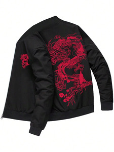 VITHAS INDUSTRY Unisex Black Bomber <b>Jacket</b> Red Dragon Print Chinese Style Coated <b>Canvas</b> Material Spring Wear Collarless Zipper - Product Image 1